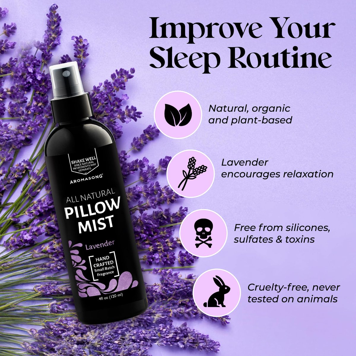 Aromasong Lavendel Kissen Spray für erholsamen Schlaf – Natürliches Bett- und Schlafenszeit-Mist mit ätherischen Ölen zur Entspannung, 118 ml