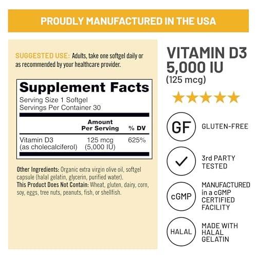 NatureWise Vitamin D3 5000 IE (125 µg) – 30-Tage-Vorrat für Immununterstützung, gesunde Muskelfunktion und Knochengesundheit – Non-GMO, glutenfrei in organischem, nativem Olivenöl extra (Mini-Weichkapseln), 30 Stück