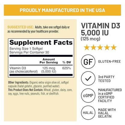 NatureWise Vitamin D3 5000 IE (125 µg) – 30-Tage-Vorrat für Immununterstützung, gesunde Muskelfunktion und Knochengesundheit – Non-GMO, glutenfrei in organischem, nativem Olivenöl extra (Mini-Weichkapseln), 30 Stück