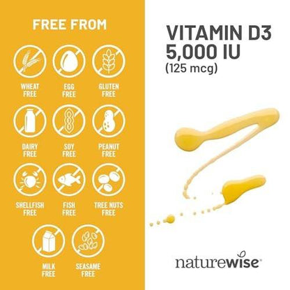 NatureWise Vitamin D3 5000 IE (125 µg) – 30-Tage-Vorrat für Immununterstützung, gesunde Muskelfunktion und Knochengesundheit – Non-GMO, glutenfrei in organischem, nativem Olivenöl extra (Mini-Weichkapseln), 30 Stück