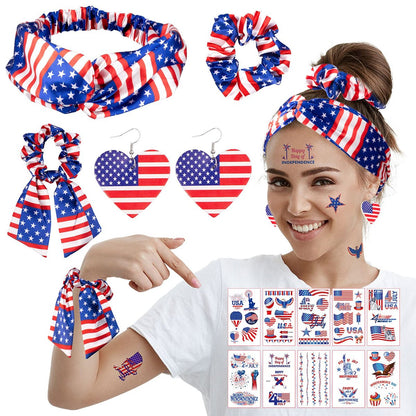Whaline 15-teiliges 4. Juli Accessoire-Set – Patriotische Amerika-Flagge Haarbänder, Scrunchies, Ohrringe, temporäre Tattoos für Frauen und Mädchen