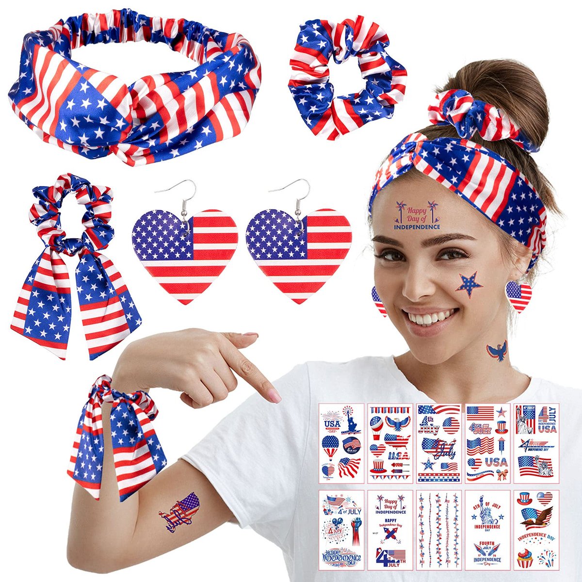 Whaline 15-teiliges 4. Juli Accessoire-Set – Patriotische Amerika-Flagge Haarbänder, Scrunchies, Ohrringe, temporäre Tattoos für Frauen und Mädchen