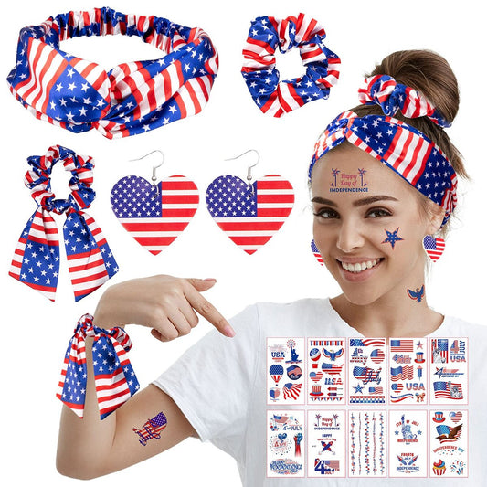 Whaline 15-teiliges 4. Juli Accessoire-Set – Patriotische Amerika-Flagge Haarbänder, Scrunchies, Ohrringe, temporäre Tattoos für Frauen und Mädchen