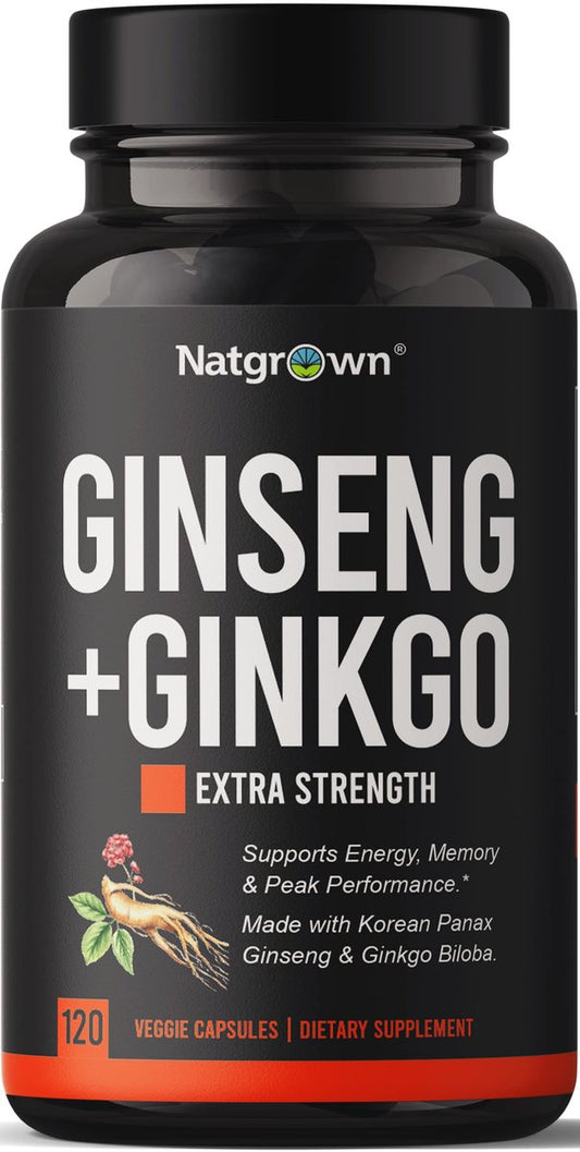 Natgrown Panax Ginseng & Ginkgo Biloba Kapseln - Roter Koreanischer Ginseng & Ginko Biloba für Männer & Frauen - Unterstützt Gedächtnis, Fokus und Gehirnfunktion - Vegane Pillen - 120 Stück