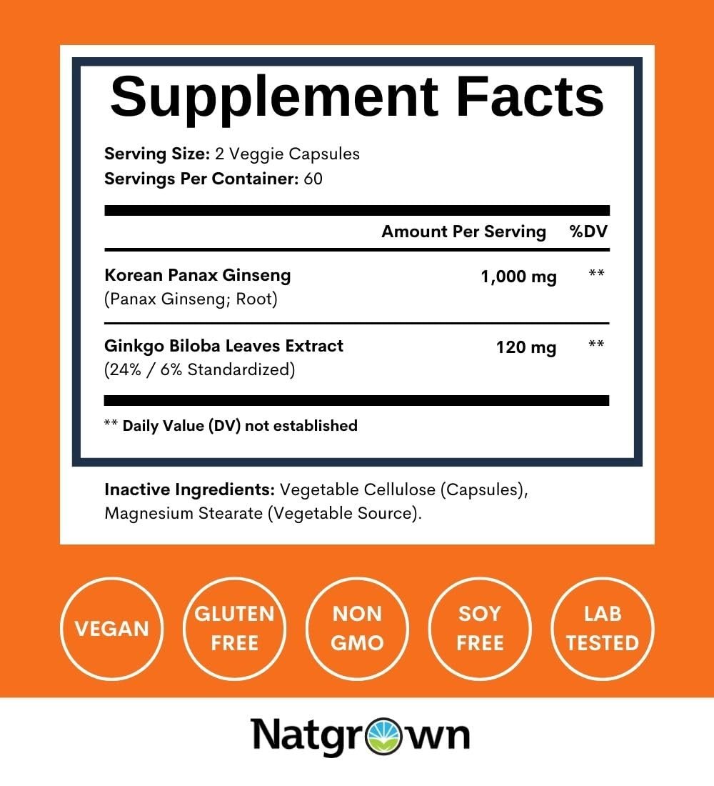 Natgrown Panax Ginseng & Ginkgo Biloba Kapseln - Roter Koreanischer Ginseng & Ginko Biloba für Männer & Frauen - Unterstützt Gedächtnis, Fokus und Gehirnfunktion - Vegane Pillen - 120 Stück