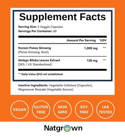 Natgrown Panax Ginseng & Ginkgo Biloba Kapseln - Roter Koreanischer Ginseng & Ginko Biloba für Männer & Frauen - Unterstützt Gedächtnis, Fokus und Gehirnfunktion - Vegane Pillen - 120 Stück