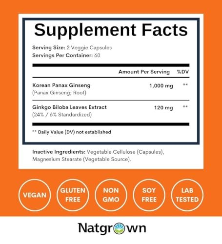 Natgrown Panax Ginseng & Ginkgo Biloba Kapseln - Roter Koreanischer Ginseng & Ginko Biloba für Männer & Frauen - Unterstützt Gedächtnis, Fokus und Gehirnfunktion - Vegane Pillen - 120 Stück