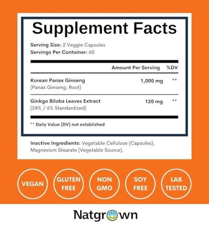 Natgrown Panax Ginseng & Ginkgo Biloba Kapseln - Roter Koreanischer Ginseng & Ginko Biloba für Männer & Frauen - Unterstützt Gedächtnis, Fokus und Gehirnfunktion - Vegane Pillen - 120 Stück