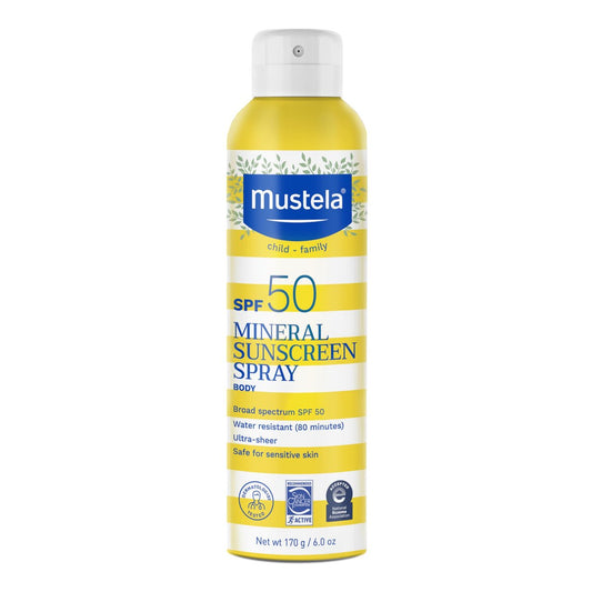 Mustela Baby Mineral Sonnenspray SPF 50 Breites Spektrum - Körperspray für empfindliche Haut - Wasserfest & Duftfrei - 177 ml
