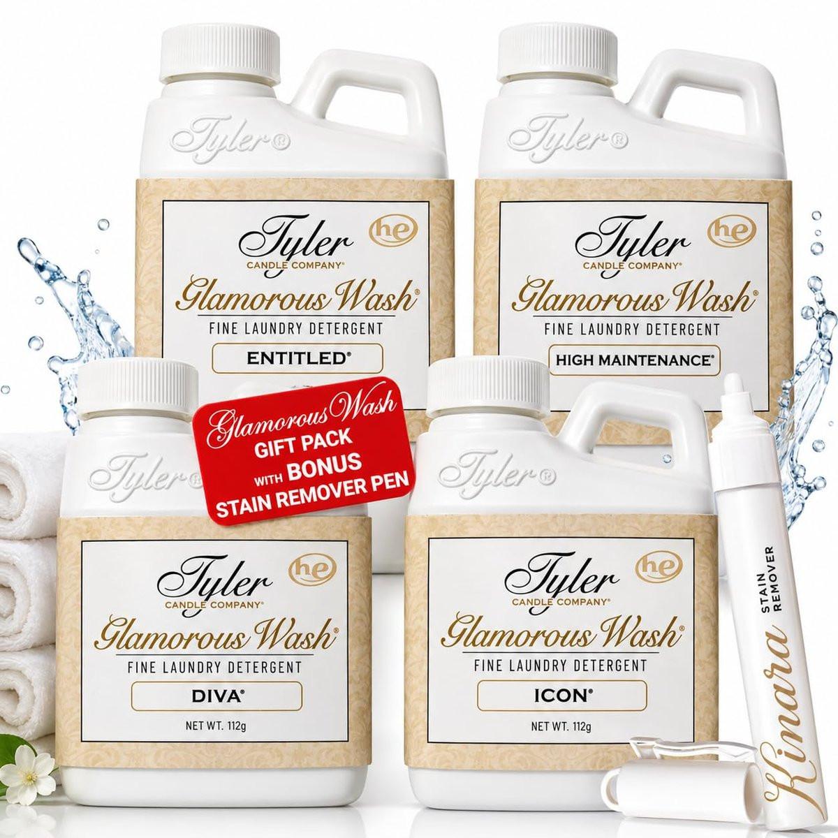 Kinara Tyler Glamorous Wash Flüssigwaschmittel Geschenkset - Olivi Fleckenentferner-Stift, für Kleidung, Wäsche, Lingerie, empfindliche Stoffe, Bettwäsche - 4er-Pack à 118 ml