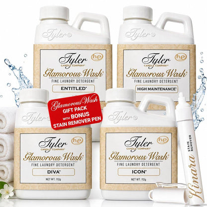 Kinara Tyler Glamorous Wash Flüssigwaschmittel Geschenkset - Olivi Fleckenentferner-Stift, für Kleidung, Wäsche, Lingerie, empfindliche Stoffe, Bettwäsche - 4er-Pack à 118 ml