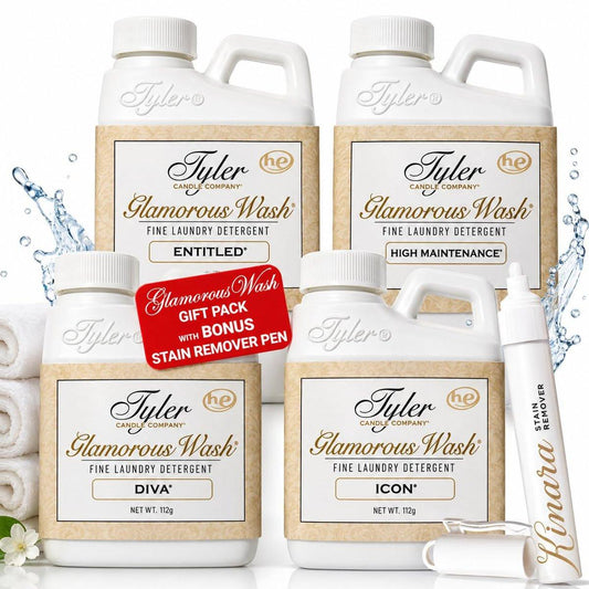 Kinara Tyler Glamorous Wash Flüssigwaschmittel Geschenkset - Olivi Fleckenentferner-Stift, für Kleidung, Wäsche, Lingerie, empfindliche Stoffe, Bettwäsche - 4er-Pack à 118 ml