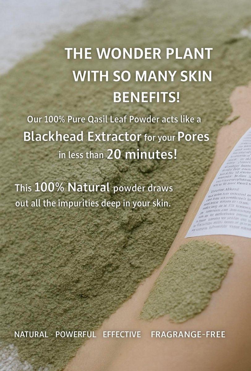 Qasil Organics – 100% reines Qasil-Blattpulver – Tiefenreinigende Gesichts- & Körpermasken – Befreit von Unreinheiten, Mitessern und verstopften Poren für eine klare Haut – 100 g