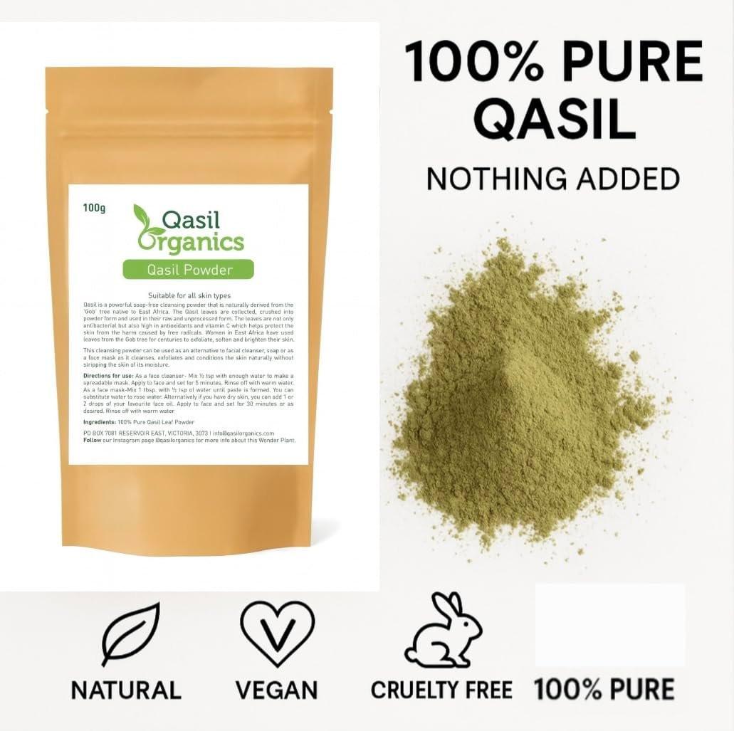 Qasil Organics – 100% reines Qasil-Blattpulver – Tiefenreinigende Gesichts- & Körpermasken – Befreit von Unreinheiten, Mitessern und verstopften Poren für eine klare Haut – 100 g