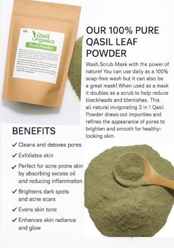 Qasil Organics – 100% reines Qasil-Blattpulver – Tiefenreinigende Gesichts- & Körpermasken – Befreit von Unreinheiten, Mitessern und verstopften Poren für eine klare Haut – 100 g