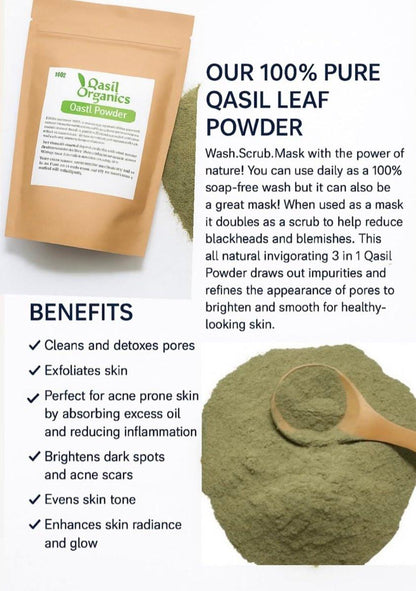 Qasil Organics – 100% reines Qasil-Blattpulver – Tiefenreinigende Gesichts- & Körpermasken – Befreit von Unreinheiten, Mitessern und verstopften Poren für eine klare Haut – 100 g