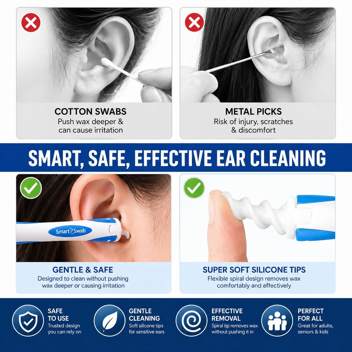 Smart Swab Spiral Ohrenschmalzentfernung Ersatztipps – 32 weiche Silikonspiralspitzen (nur Aufsätze) | Patentiertes sicheres Ohrenreinigungsdesign | Einfache, sanfte & wiederverwendbare Ohrenreiniger-Nachfüllpackung