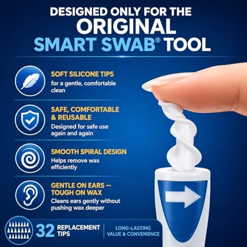 Smart Swab Spiral Ohrenschmalzentfernung Ersatztipps – 32 weiche Silikonspiralspitzen (nur Aufsätze) | Patentiertes sicheres Ohrenreinigungsdesign | Einfache, sanfte & wiederverwendbare Ohrenreiniger-Nachfüllpackung