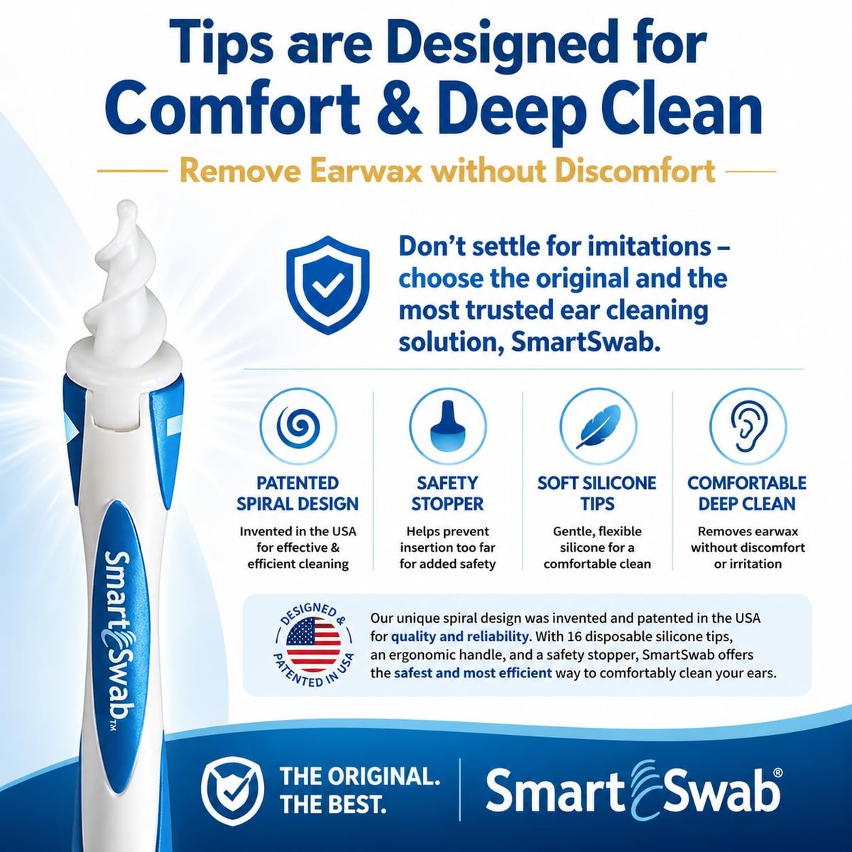 Smart Swab Spiral Ohrenschmalzentfernung Ersatztipps – 32 weiche Silikonspiralspitzen (nur Aufsätze) | Patentiertes sicheres Ohrenreinigungsdesign | Einfache, sanfte & wiederverwendbare Ohrenreiniger-Nachfüllpackung