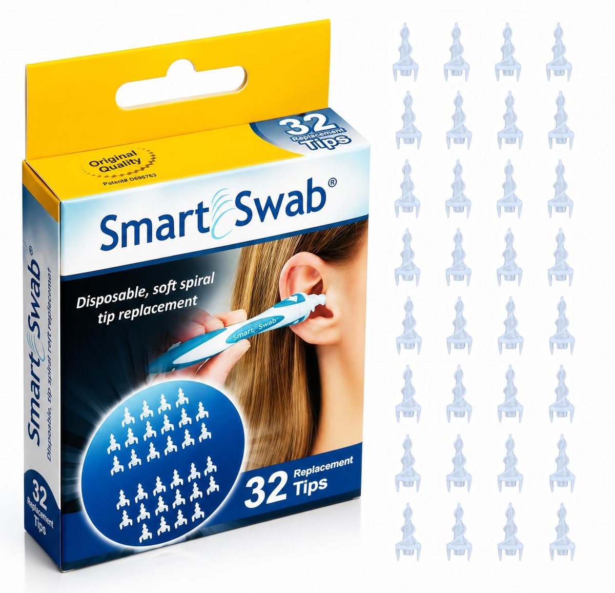 Smart Swab Spiral Ohrenschmalzentfernung Ersatztipps – 32 weiche Silikonspiralspitzen (nur Aufsätze) | Patentiertes sicheres Ohrenreinigungsdesign | Einfache, sanfte & wiederverwendbare Ohrenreiniger-Nachfüllpackung