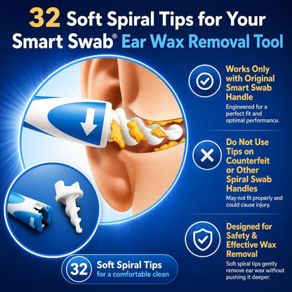 Smart Swab Spiral Ohrenschmalzentfernung Ersatztipps – 32 weiche Silikonspiralspitzen (nur Aufsätze) | Patentiertes sicheres Ohrenreinigungsdesign | Einfache, sanfte & wiederverwendbare Ohrenreiniger-Nachfüllpackung