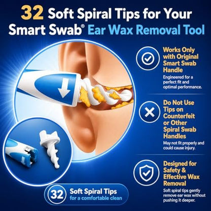Smart Swab Spiral Ohrenschmalzentfernung Ersatztipps – 32 weiche Silikonspiralspitzen (nur Aufsätze) | Patentiertes sicheres Ohrenreinigungsdesign | Einfache, sanfte & wiederverwendbare Ohrenreiniger-Nachfüllpackung