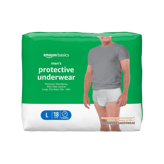Amazon Basics Maximal absorbierende Inkontinenzunterwäsche für Herren mit Auslaufschutz, Geruchskontrolle, weiches Baumwollgefühl, Large, 18 Stück