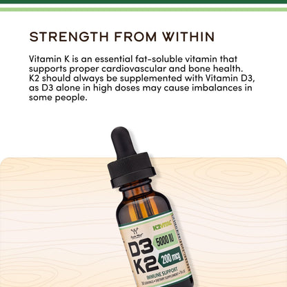 Vitamin D3 K2 5.000 IE Liquid Drops (5.000 IE D3 und 200mcg 99,9% All-Trans patentiertes K2 MK-7 (K2Vital)) Maximale Absorption flüssige Vitamin D Tropfen (30 Portionen) von Double Wood