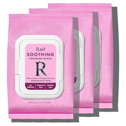 Rael Feuchttücher für die Intimhygiene, spülbar, Reisegröße, für alle Hauttypen, tägliche Anwendung (Beruhigend, 30 Tücher, 3er-Pack)