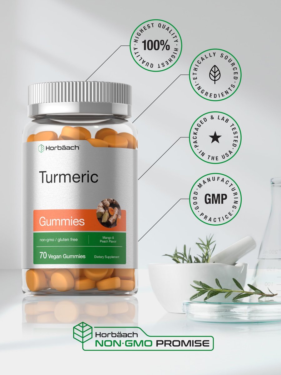 Horbäach Kurkuma Gummis | 70 Stück | Mango & Pfirsich Geschmack | Kurkuma Curcumin mit Ingwer | Vegan, Non-GMO & Glutenfrei