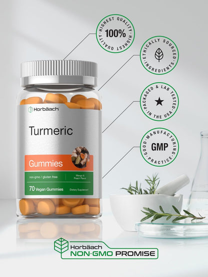 Horbäach Kurkuma Gummis | 70 Stück | Mango & Pfirsich Geschmack | Kurkuma Curcumin mit Ingwer | Vegan, Non-GMO & Glutenfrei