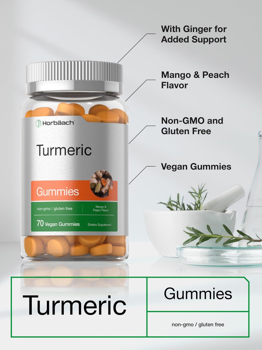 Horbäach Kurkuma Gummis | 70 Stück | Mango & Pfirsich Geschmack | Kurkuma Curcumin mit Ingwer | Vegan, Non-GMO & Glutenfrei