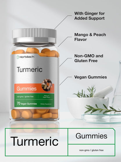 Horbäach Kurkuma Gummis | 70 Stück | Mango & Pfirsich Geschmack | Kurkuma Curcumin mit Ingwer | Vegan, Non-GMO & Glutenfrei