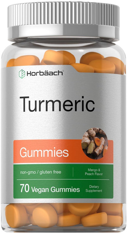 Horbäach Kurkuma Gummis | 70 Stück | Mango & Pfirsich Geschmack | Kurkuma Curcumin mit Ingwer | Vegan, Non-GMO & Glutenfrei