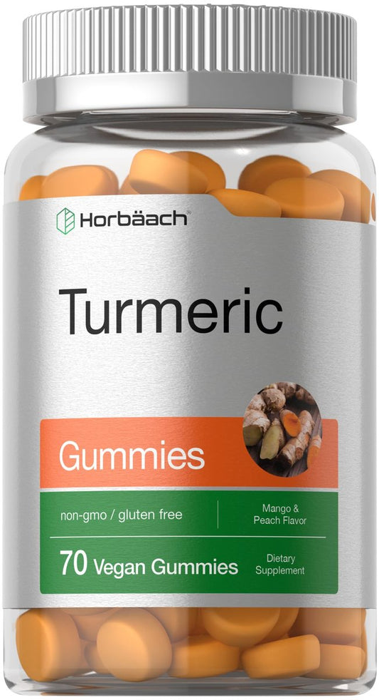 Horbäach Kurkuma Gummis | 70 Stück | Mango & Pfirsich Geschmack | Kurkuma Curcumin mit Ingwer | Vegan, Non-GMO & Glutenfrei