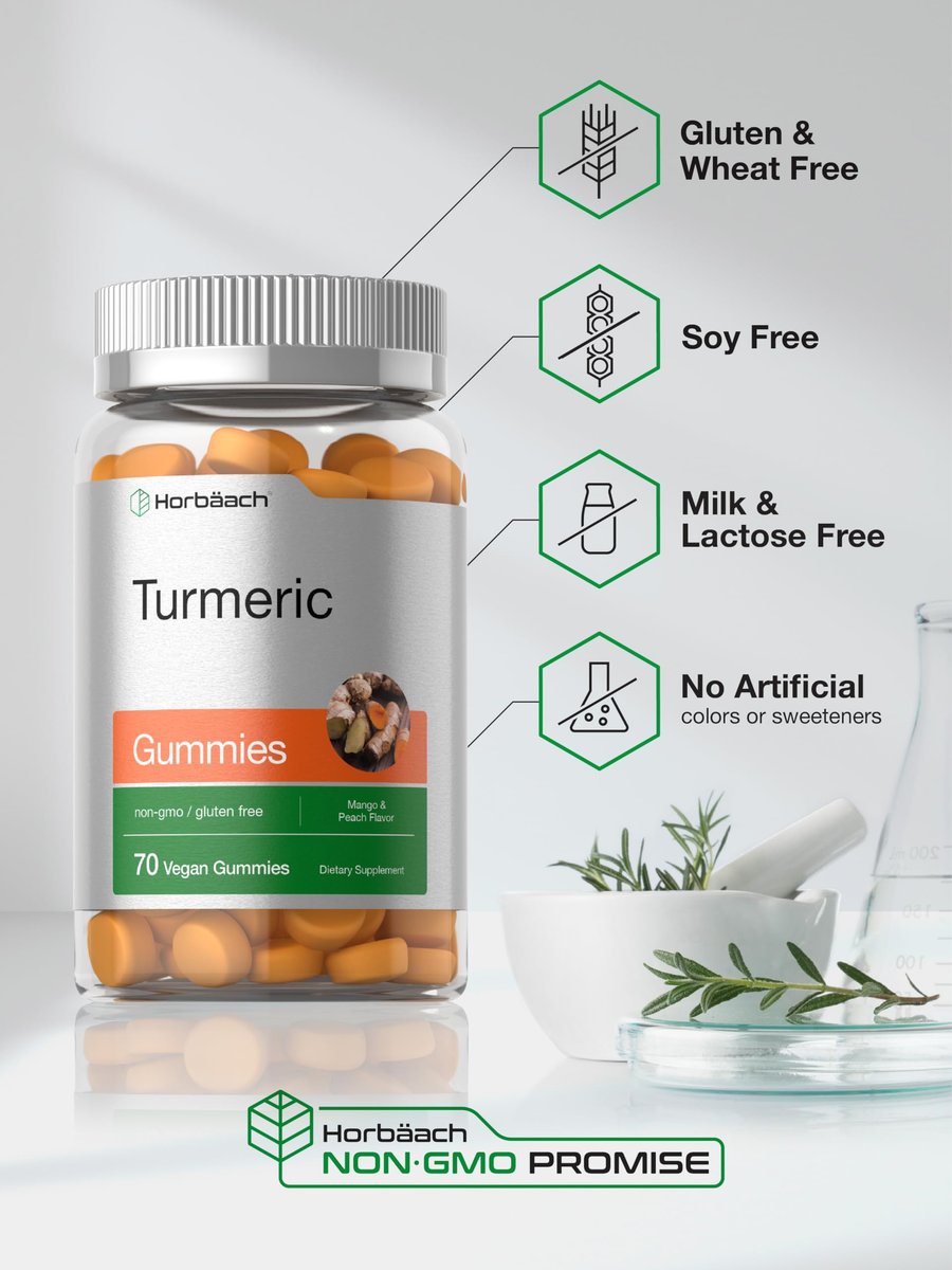 Horbäach Kurkuma Gummis | 70 Stück | Mango & Pfirsich Geschmack | Kurkuma Curcumin mit Ingwer | Vegan, Non-GMO & Glutenfrei