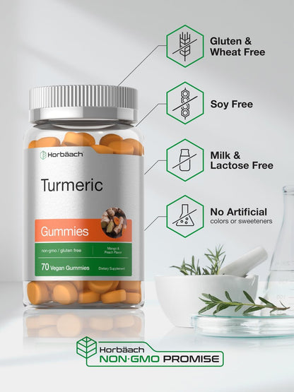 Horbäach Kurkuma Gummis | 70 Stück | Mango & Pfirsich Geschmack | Kurkuma Curcumin mit Ingwer | Vegan, Non-GMO & Glutenfrei