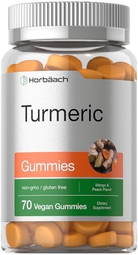 Horbäach Kurkuma Gummis | 70 Stück | Mango & Pfirsich Geschmack | Kurkuma Curcumin mit Ingwer | Vegan, Non-GMO & Glutenfrei