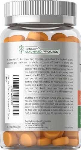 Horbäach Kurkuma Gummis | 70 Stück | Mango & Pfirsich Geschmack | Kurkuma Curcumin mit Ingwer | Vegan, Non-GMO & Glutenfrei