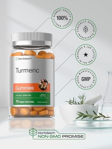 Horbäach Kurkuma Gummis | 70 Stück | Mango & Pfirsich Geschmack | Kurkuma Curcumin mit Ingwer | Vegan, Non-GMO & Glutenfrei