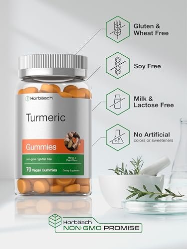 Horbäach Kurkuma Gummis | 70 Stück | Mango & Pfirsich Geschmack | Kurkuma Curcumin mit Ingwer | Vegan, Non-GMO & Glutenfrei