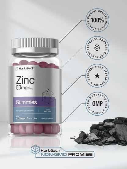 Horbäach Zink Gummis | 50 mg | 70 Stück | gemischter Beerengeschmack | Vegan, ohne Gentechnik, glutenfrei