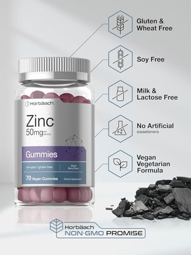 Horbäach Zink Gummis | 50 mg | 70 Stück | gemischter Beerengeschmack | Vegan, ohne Gentechnik, glutenfrei