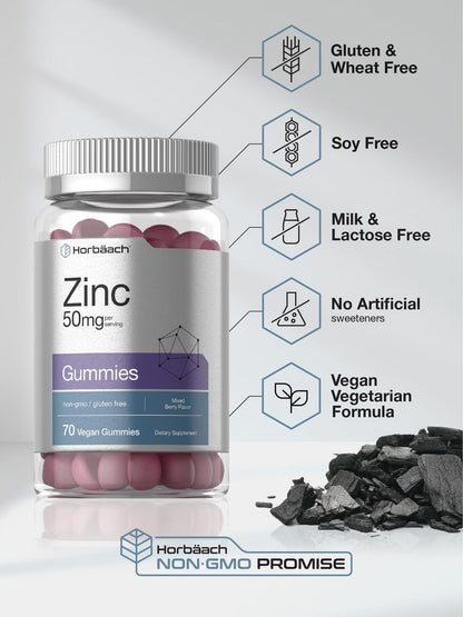 Horbäach Zink Gummis | 50 mg | 70 Stück | gemischter Beerengeschmack | Vegan, ohne Gentechnik, glutenfrei