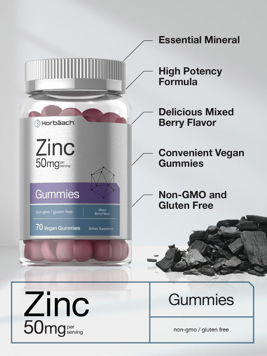 Horbäach Zink Gummis | 50 mg | 70 Stück | gemischter Beerengeschmack | Vegan, ohne Gentechnik, glutenfrei