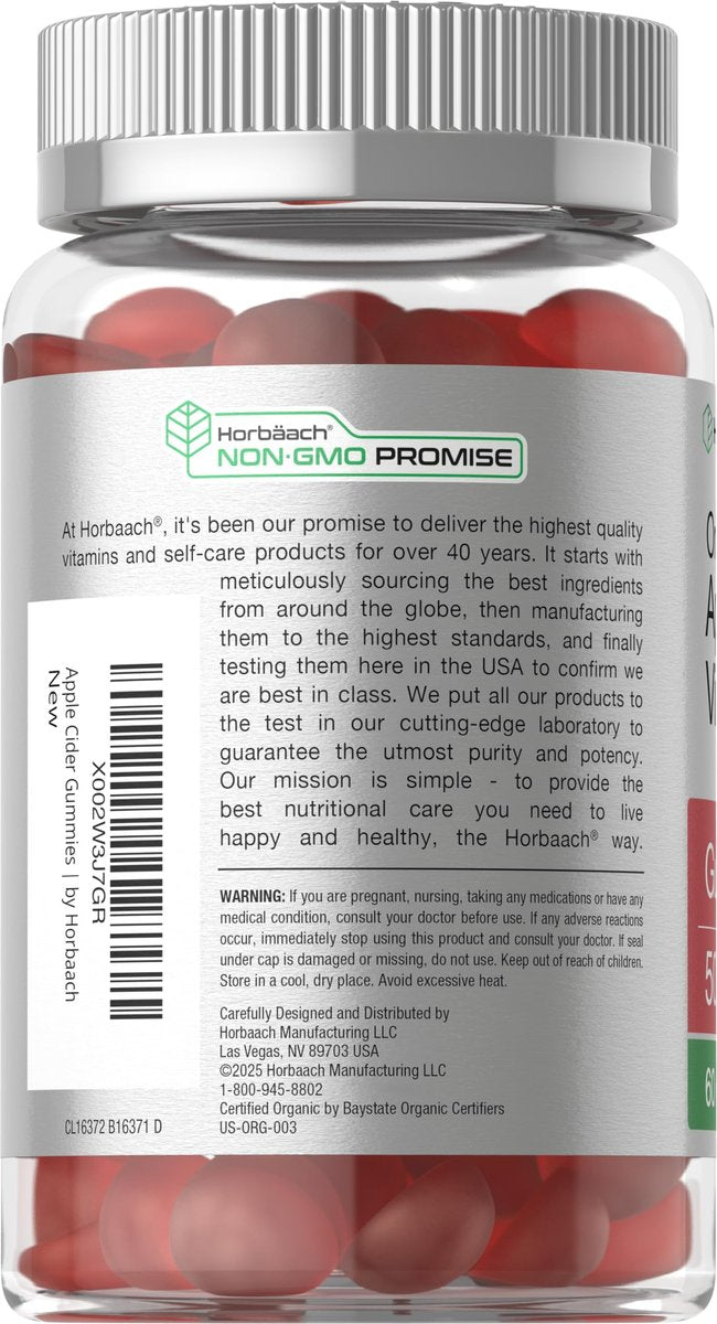 Horbäach Bio Apfelessig Gummibärchen | 60 Stück | Vegan, Nicht-GVO & Glutenfrei | USDA Bio ACV | Apfelgeschmack