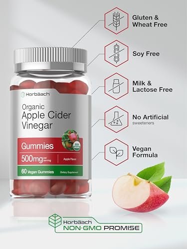 Horbäach Bio Apfelessig Gummibärchen | 60 Stück | Vegan, Nicht-GVO & Glutenfrei | USDA Bio ACV | Apfelgeschmack