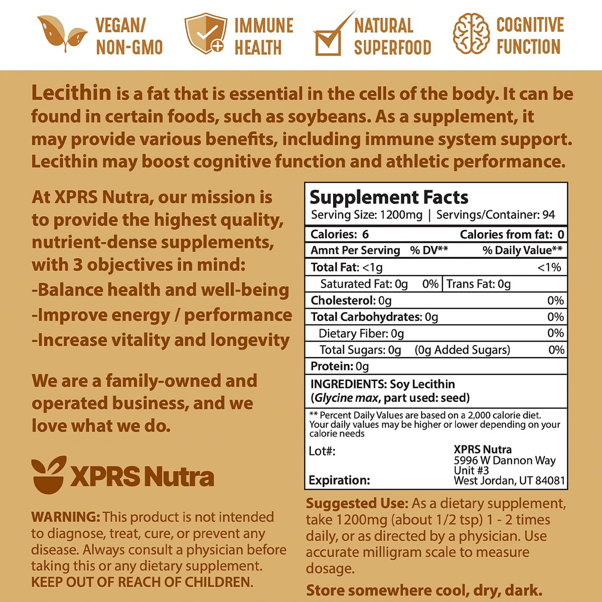 XPRS Nutra Sojalecithin Pulver, lebensmittelecht, Fettemulgator – Geeignet zum Kochen, Backen und mehr – Veganfreundliches Kochhilfsmittel (113 g)