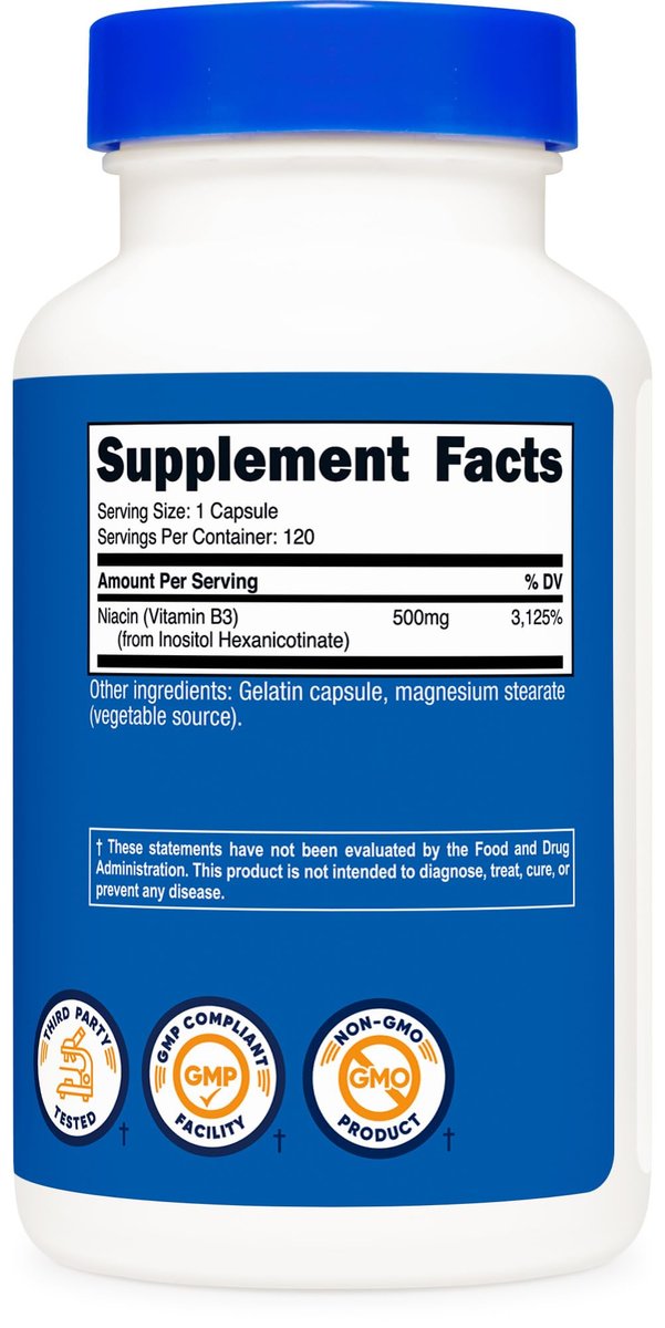 Nutricost Niacin (Flush-Free) Inositol Hexanicotinat 500 mg, 120 Kapseln, Vitamin B3