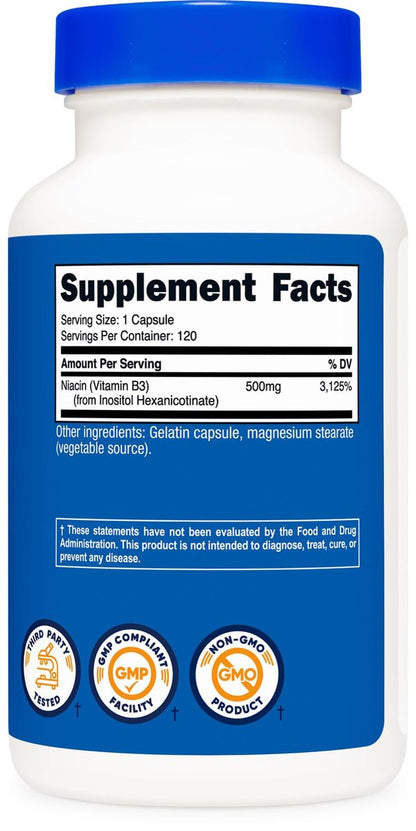 Nutricost Niacin (Flush-Free) Inositol Hexanicotinat 500 mg, 120 Kapseln, Vitamin B3